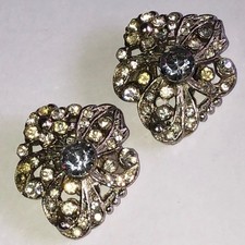 Vintage Dazzling Silver Tone Crystal Flower Shoe Clips