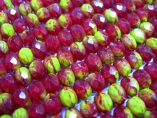 25 beads - 8x6mm Rich Ruby Red and Chartreuse Czech Fire polished Rondelle beads