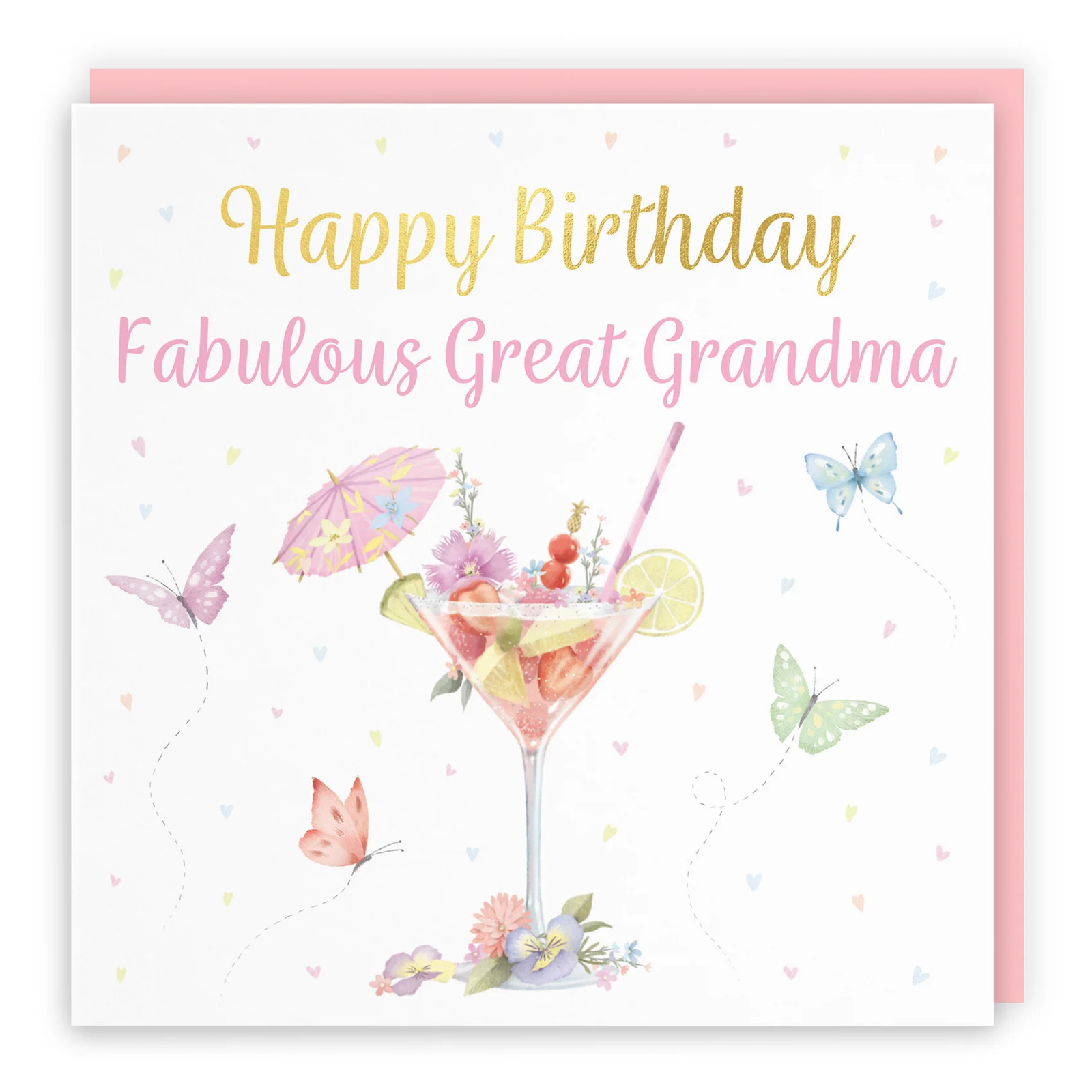 Great Grandma Pink Cocktail And Butterflies Birthday Card Gold Foil Milo's Gall