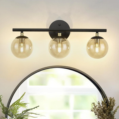 Stylish 3-Light Black Vanity Light with Brass Accents and Globe Shades
