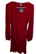 NWT VKY & CO Red Long Sleeve Tie Waist Wrap Dress Causal Crew Neck Mini Medium
