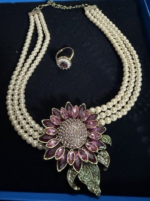 Heidi Daus Multi-Strand Faux Pearl Crystal Flower Necklace & Ring Set Gold 