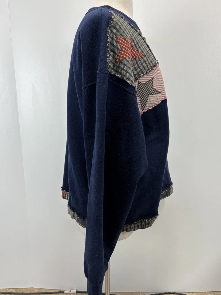Vtg Jerzees Quilted Patchwork Sweatshirt Sz XXL 2XL Navy Stars Granny Core  - Image 4 of 4