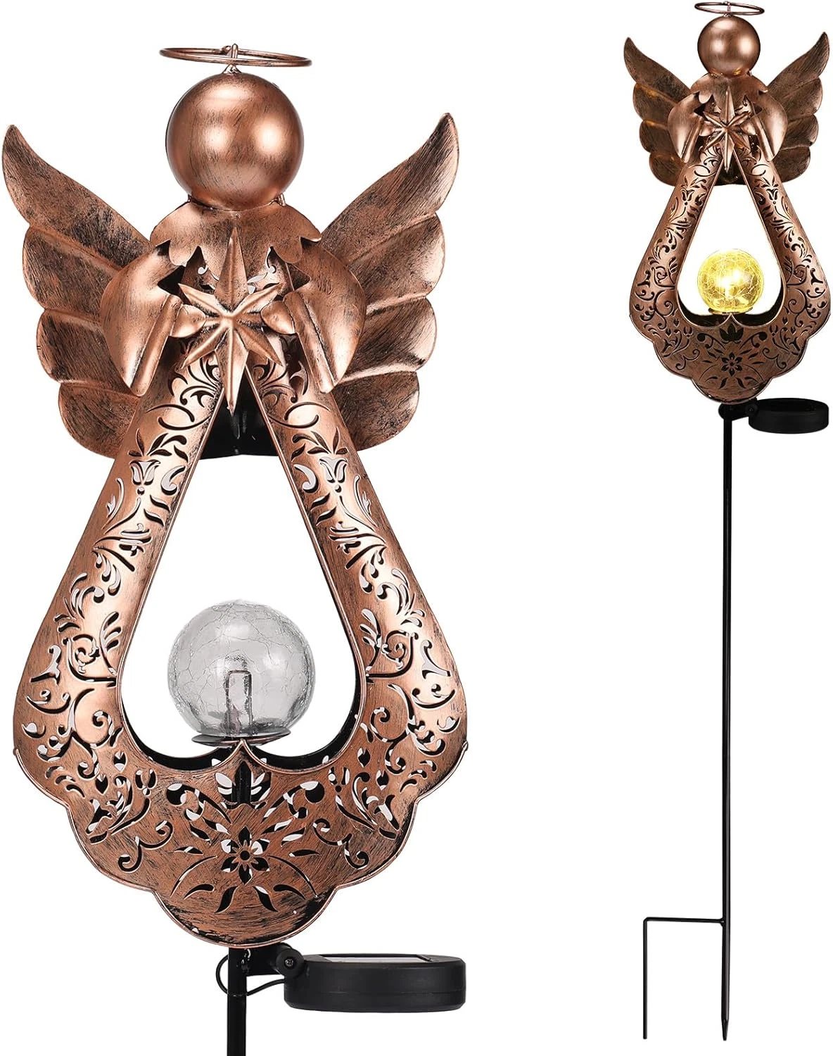 Angel Solar Lights Stake with Crackle Glass Globe Waterproof, Metal Garden Decor