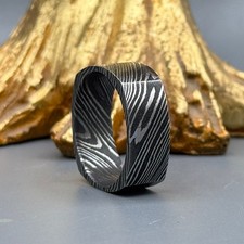 Square Damascus Steel Ring: Handcrafted Men  s Wedding Band, Forged Steel Pattern
