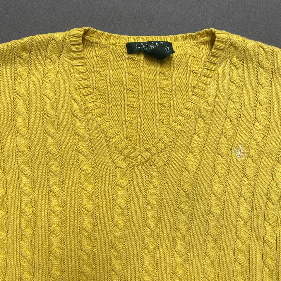 Suéter Lauren Ralph Lauren Mujer Pequeño Amarillo Tejido con Cable Cuello en V Algodón Foto 2 de 4