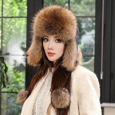 Women's Real Fox Fur Hat Warm Russian Ushanka Aviator Trapper Hat Hunter Hat Cap