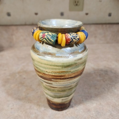 Studio Pottery Vase Signed Green Brown Raku Pot Beads Wooden Flowers 7.5" - Picture 14 of 24