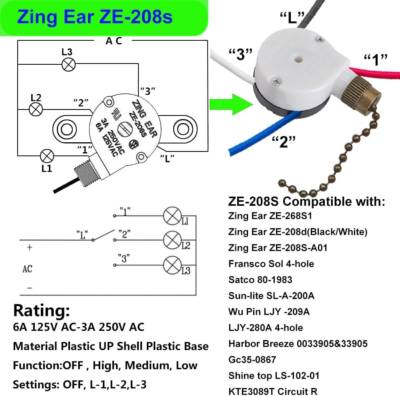 Ceiling Fan Switch Zing Ear Ze-208S E89885 with 4 Pre-Installed
