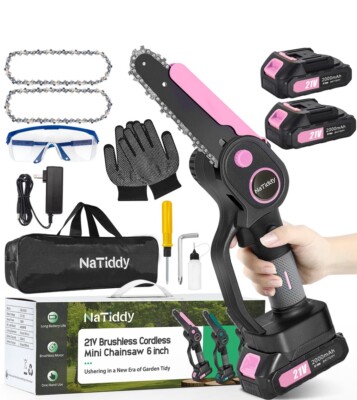 NaTiddy Brushless Cordless Mini Chainsaw,6 Inch Battery Powered With 2 x 2000mAh