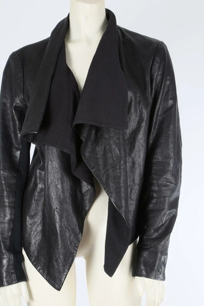 THEORY Black Leather Waterfall Drape Front Jacket Size M