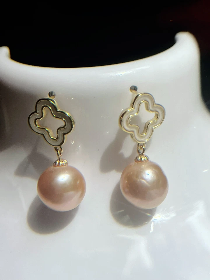 Pendientes Trébol Perla Edison Naranja Redonda 12mm, Pendientes FN Oro 18k Foto 3 de 4