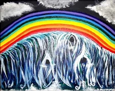 Abstract/ Realism; Rainbow after the storm, over a waterfall. 