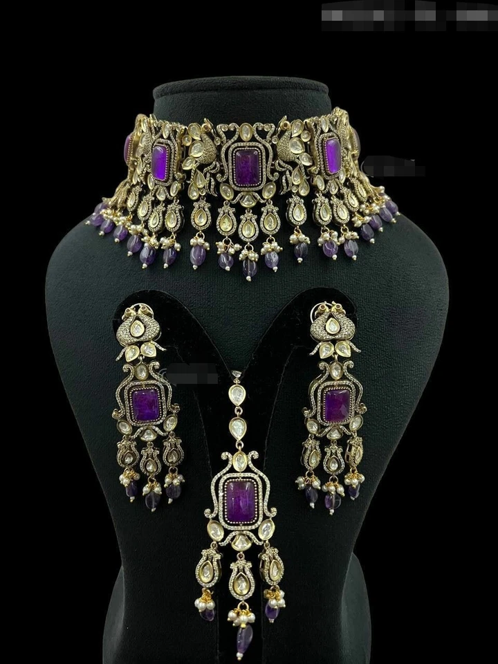 Conjunto de joyería Tika collar rubí estilo Bollywood real enchapado en oro indio Foto 2 de 4