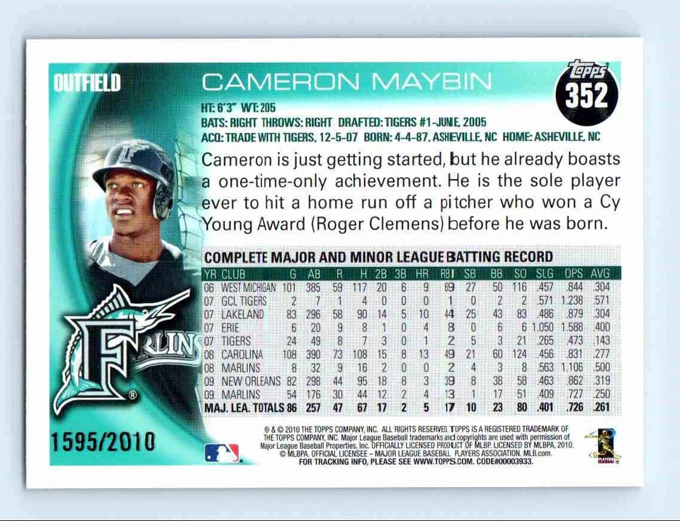 2010 Topps Gold Cameron Maybin 1595/2010 Florida Marlins #352 - Image 2 of 2