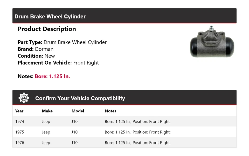 For 1974-1976 Jeep J10 Dorman Drum Brake Wheel Cylinder Front Right 1975 - Image 2 of 3