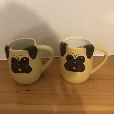 Two Adorable Tan And Brown Puppy Dog Pug Mugs. Pre-owned EUC