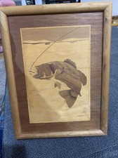 Vintage Creative Wood Inlay Picture Bass Fishing Mid Century Signed Art