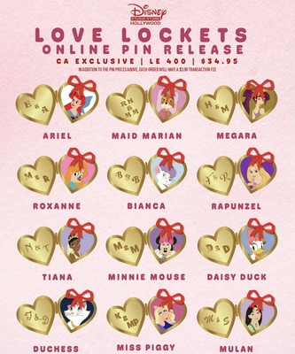 DSSH Disney Studio Store Love Lockets Full Set LE 400 Pre-Sale. 12 Pins Total.