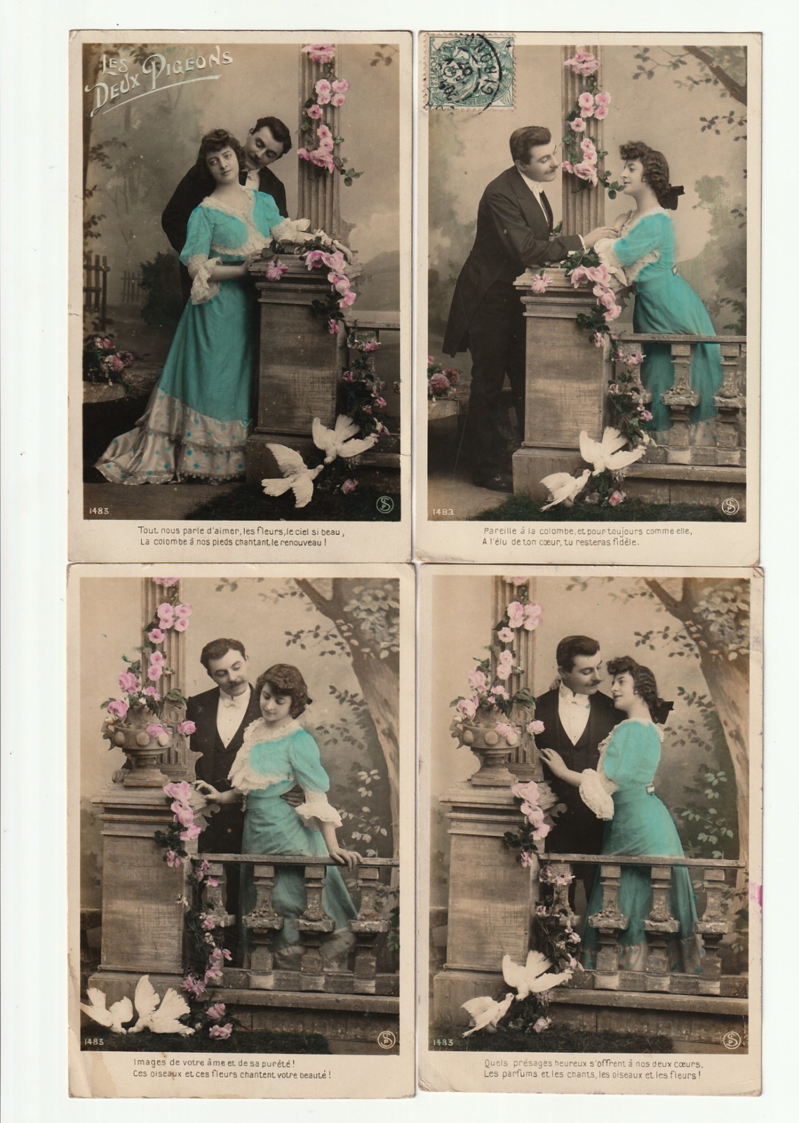 5 Antique French Romantic Postcards Hand Colored Early 1900s
