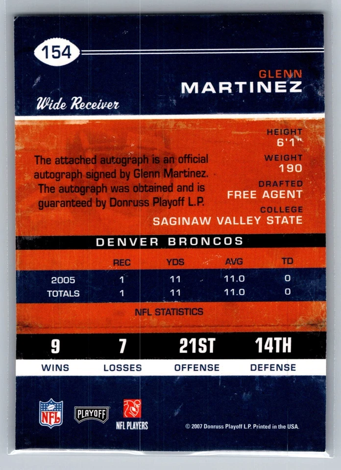 Glenn Martinez 2007 Playoff Contenders Rookie Ticket Autograph (a) #154 - Image 2 of 2