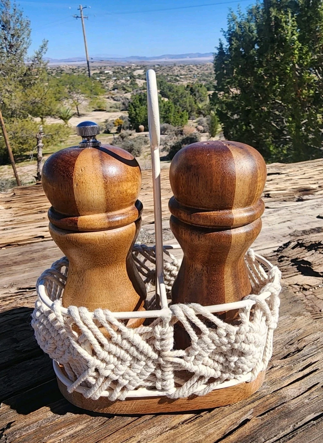 Acacia Wood Salt and Pepper Grinder Set in Macrame Holder Boho Farmhouse Kitchen