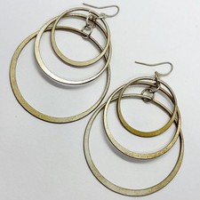 Vtg Triple Hoop Drop Gold Wash Statement Dangle Earrings Hook Large Circles Bold
