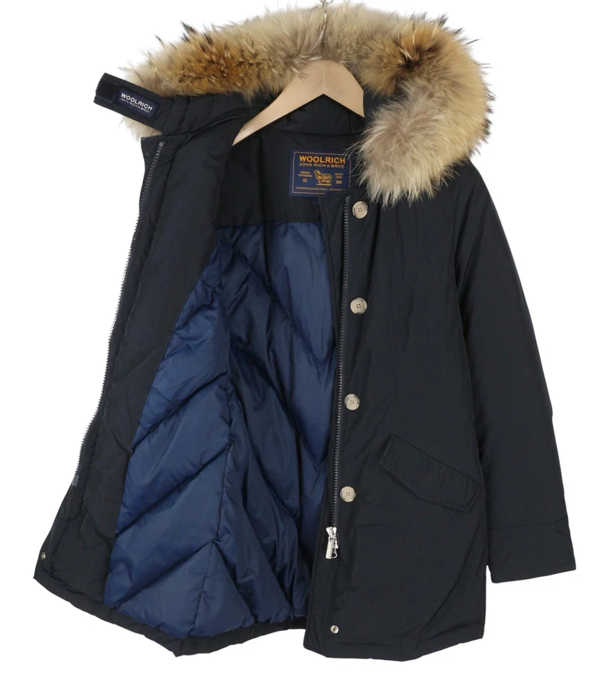 WOOLRICH Women Jacket XS Dark Blue Duck Down Filled Real Fur Hooded Full Zip * - Image 4 of 4