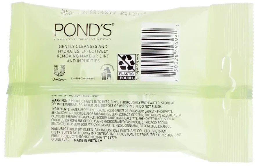 4 Ponds Makeup Remover Facial Wipes Aloe Vera 40 Total Travel Size EXP NOV 2027 - Image 2 of 3