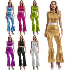 Women Club Wear Lapel Collar 70s Disco Costume Front Zipper Flared Jumpsuit