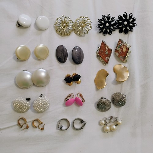 Vintage Clip On Earrings Lot W/ 15 Pairs Costume Jewelry Button + Hoop Earrings