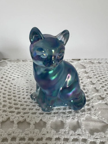 Vintage Fenton Carnival Glass Cobalt Iridescent Sitting Kitten Cat Figurine