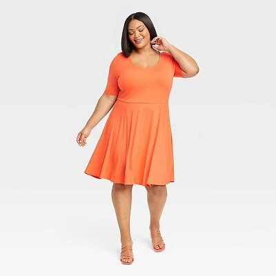 Women s Elbow Sleeve Flared Empire Waist Dress Ava Viv Orange