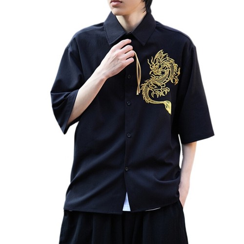 Men Chinese Dragon Embroidered Shirt 3/4 Sleeve Blouse Kungfu Tai Chi Coat Tops - Picture 3 of 12