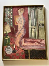 ANTIQUE PAINTING WOMAN INTERIOR OIL SIGNED GTK MODERNISM MID CENTURY FEMALE