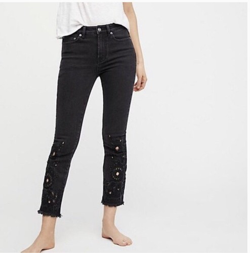 Embroidered Laser Cut Raw Hem Jeans 