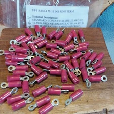 (100)  RA18-4 Sta-kon Ring Insulated Terminal Connector 22-16 AWG #4Bolt T&B Red