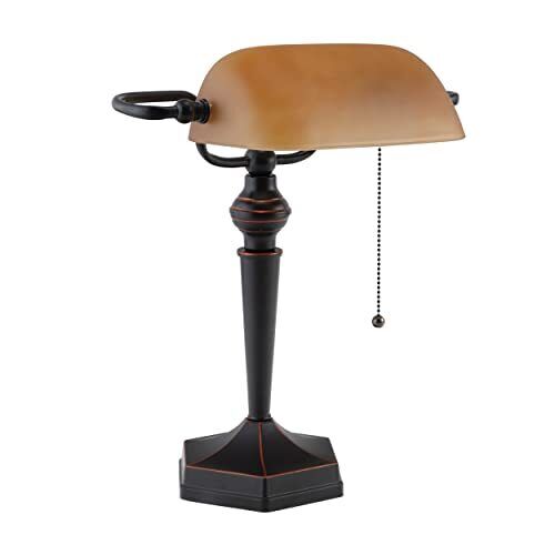 Desk Lamp, LED Lamp, Table Antique Bronze with Amber Shade with Replaceable LED