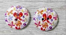 wood round flower sewing buttons 2 holes 3/4 inch red butterfly  #1 2pc