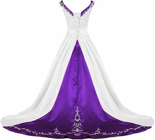 Elegant A-Line Wedding Dresses V-Neck Satin Embroidery Beaded Bridal Gowns - Picture 2 of 32