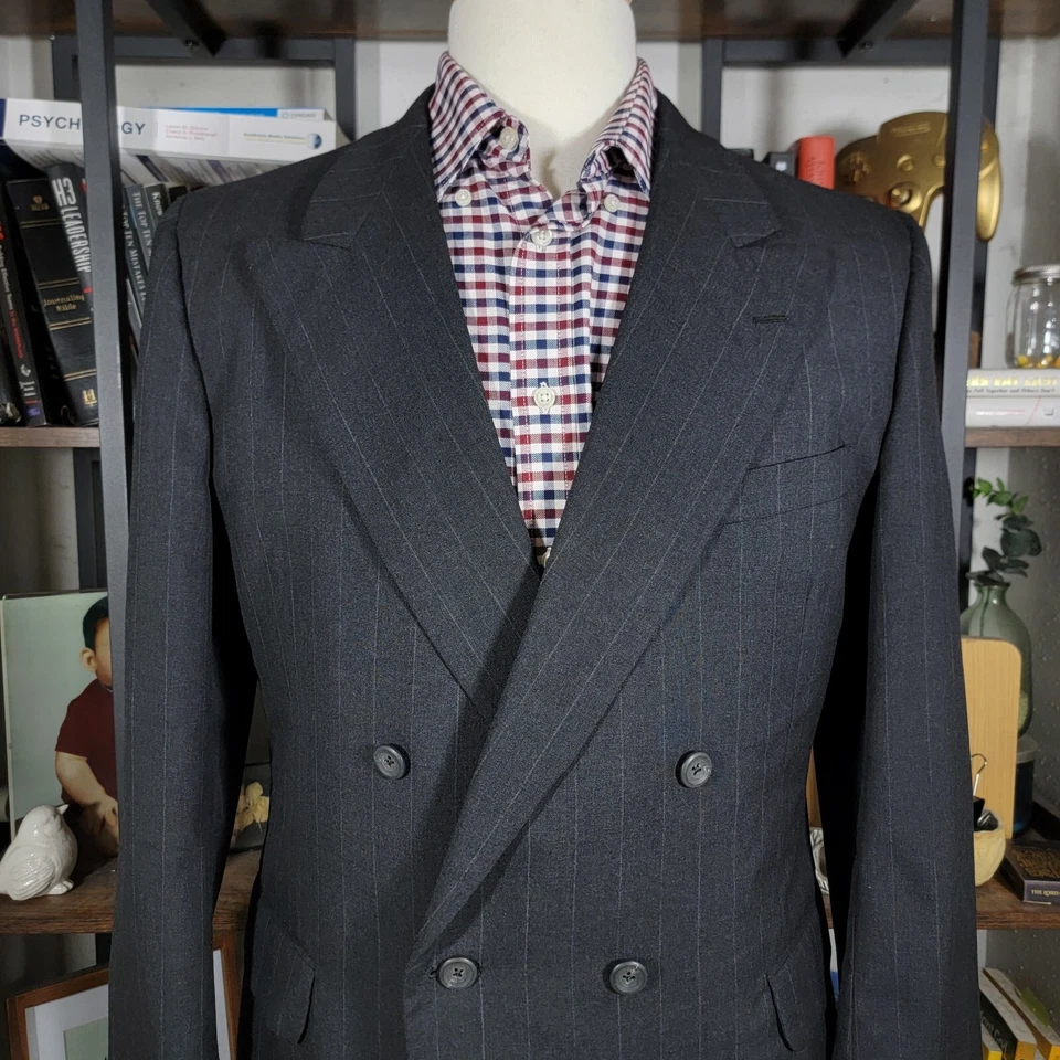 VTG Hickey Freeman Men's Double Breast Sport Coat Charcoal Striped Wool 43R - Image 2 of 4