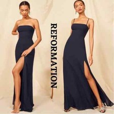 REFORMATION Navy Ingrid Georgette Smocked Back Bodice High Side Slit Maxi Gown 4