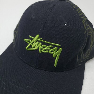 Vintage 90's Stussy Black Green Logo Made In USA Snapback Cap Hat