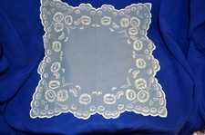 VTG 1950'S Sheer Nylon Flocked Green and White Handkerchief w Scalloped Edges