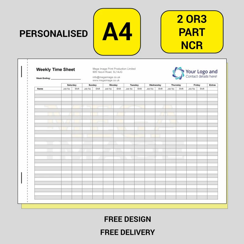 MIPP TIMESHEET, PERSONALISED PRINTED NCR, A4 SIZE, DUPLICATE OR TRIPLICATE