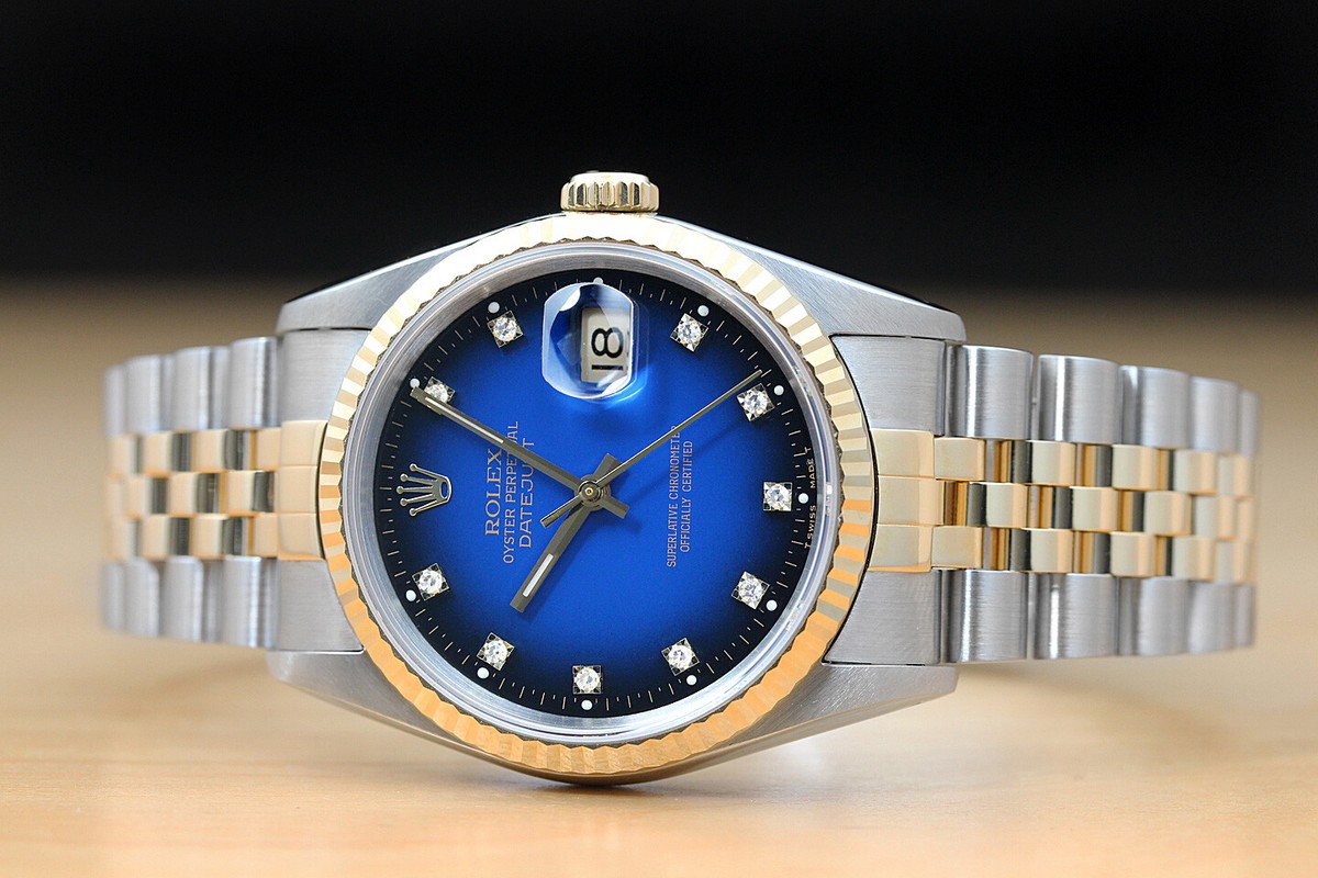 ROLEX MENS DATEJUST BLUE VIGNETTE FACTORY DIAMOND 18K YELLOW GOLD