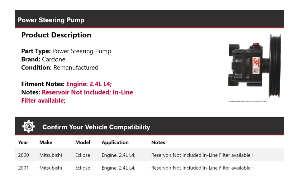 适用于 2000 - 2001 三菱 Eclipse 2.4L L4 动力转向泵 Cardone — 第 2/4 张图片