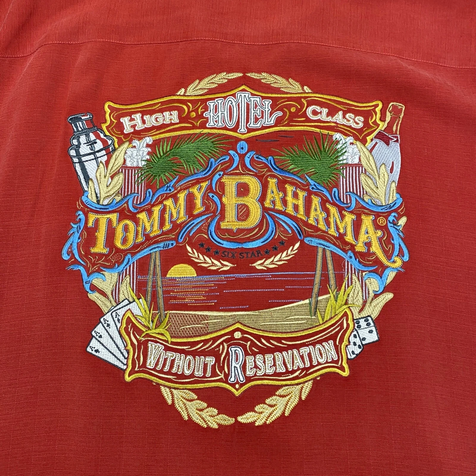 Tommy Bahama Shirt Mens Large Orange High Hotel Class Without Reservation Silk