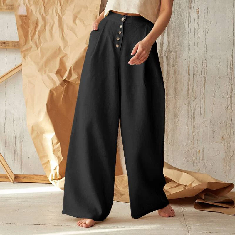 Womens Casual Loose Palazzo Flared Trousers Cotton Blend Baggy Wide-Leg  Pants