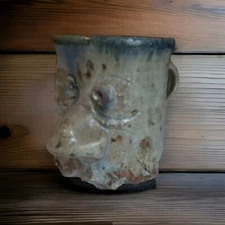 Earthenware Ugly Face Mug Handmade 3D Big Nose Mustache Beady Eyes 5" Blue OOAK